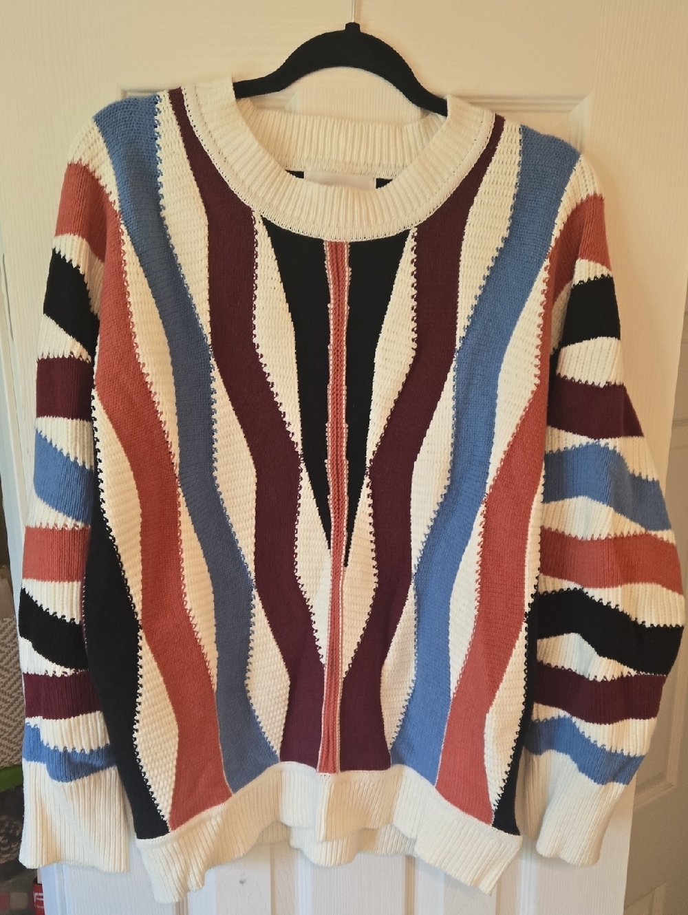 Wave-Stripe Crewneck Sweater in Cream, Rust & Blue